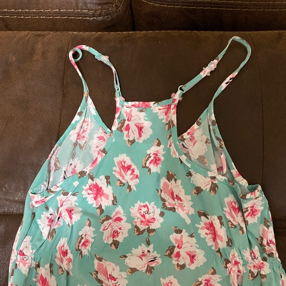Cute strappy summer dress. Halter back, beautiful teal color with pink flowers. - Picture 3 of 3